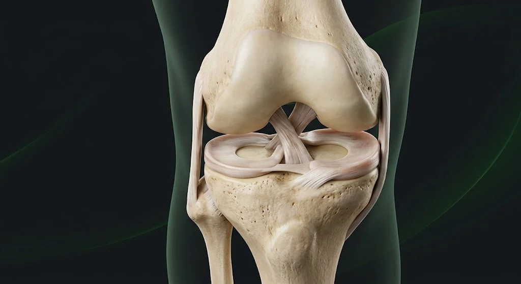 Anatomia do joelho mostrando menisco medial, menisco lateral e ligamentos